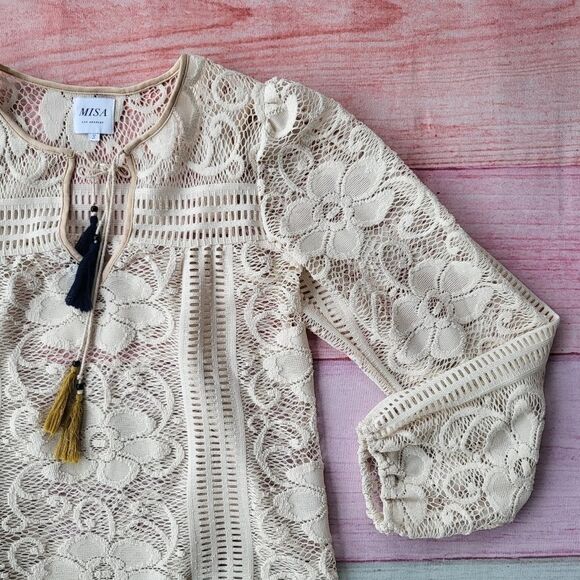 Misa Cream Long Sleeve Split V-Neck Sheer‎ Crochet Lace Tassel Boho Blouse S - Picture 2 of 6